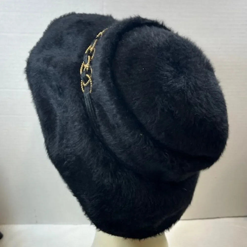 VTG Handmade Black Felt Fur Aileen's Atlanta Bucket Hat Gold Tone Accents